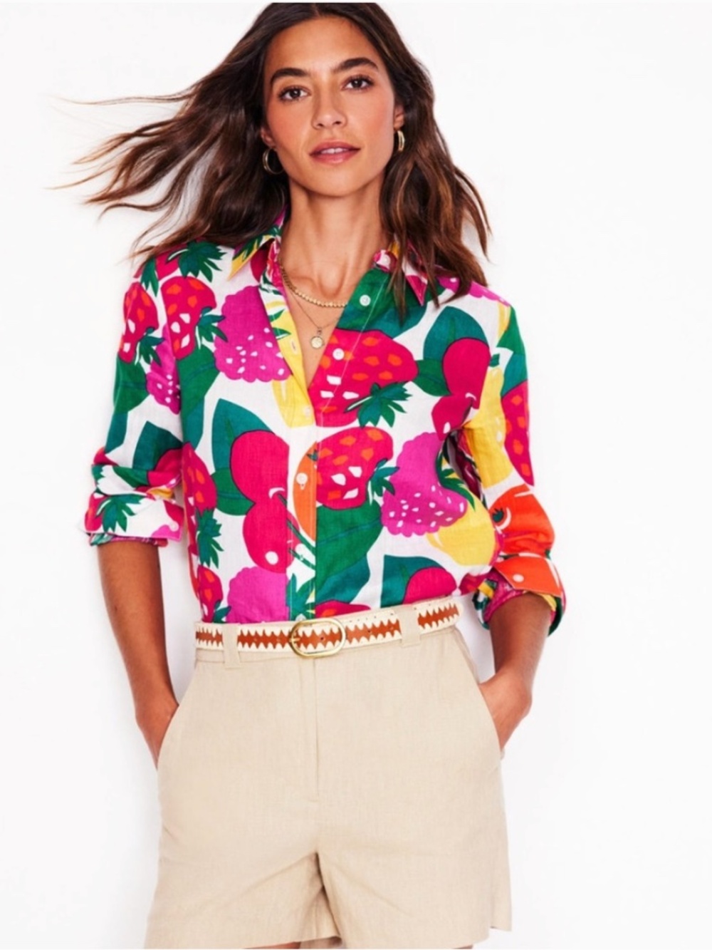 Boden Sienna Linen Shirt-Multi, Colorful Fruit Print Button-Up 🍓🍊🍒Size: 10